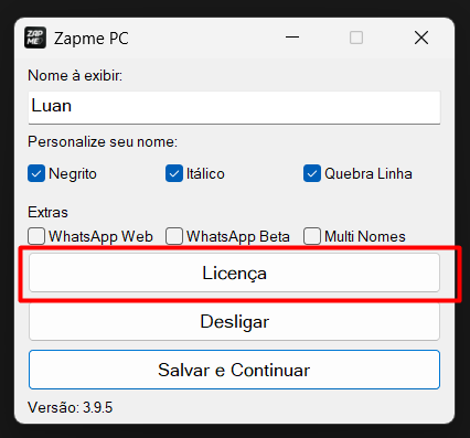 Menu Licença no Zapme PC