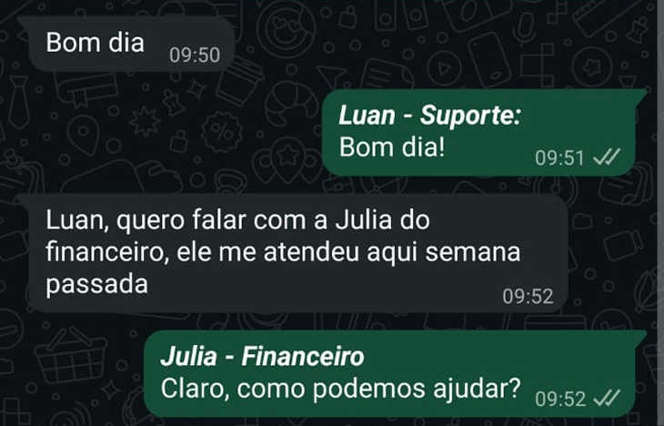 Print do WhatsApp com nome do atendente identificado
